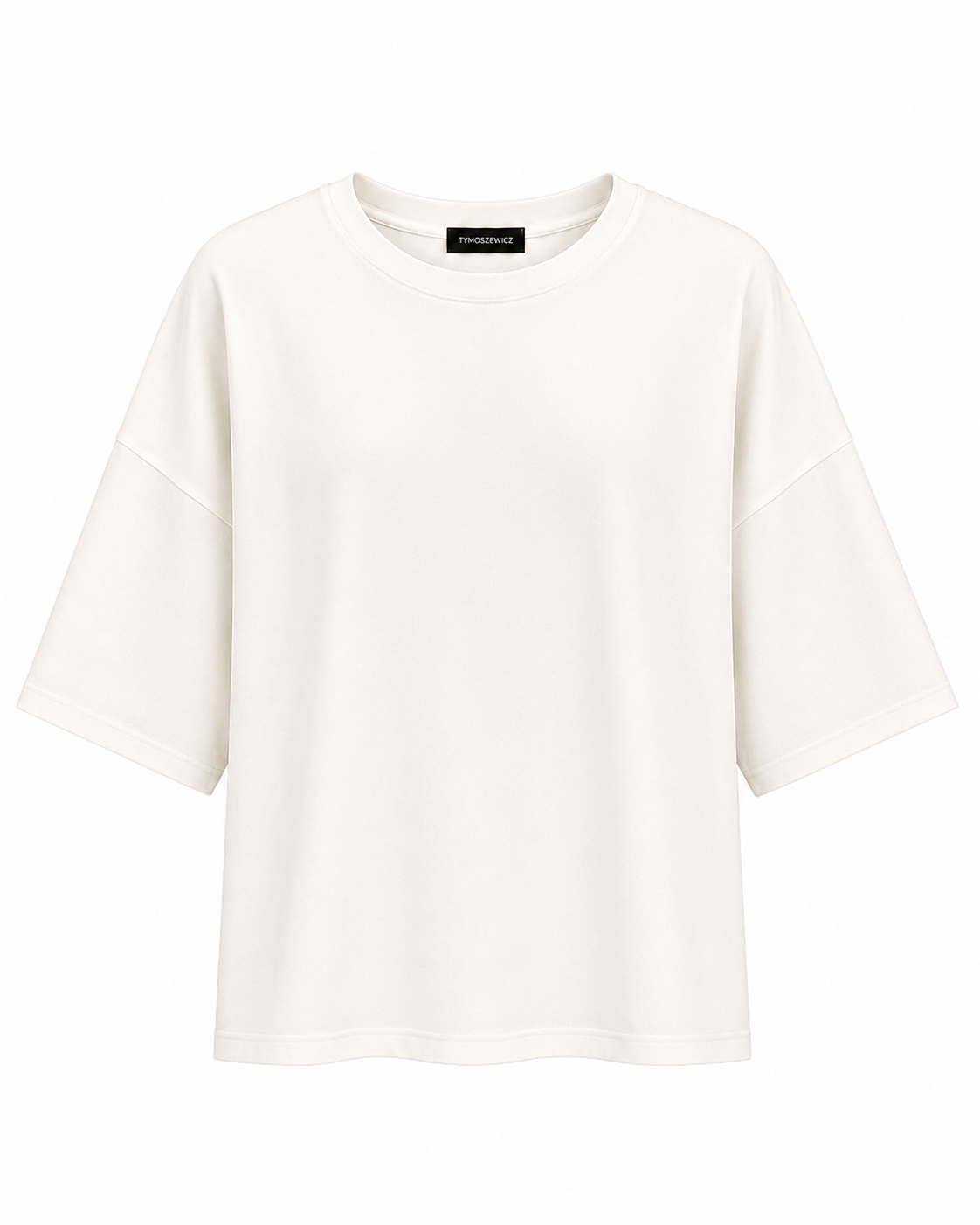 Biały T-shirt oversize wykonany z materiału Crepe Nurec marki TYMOSZEWICZ